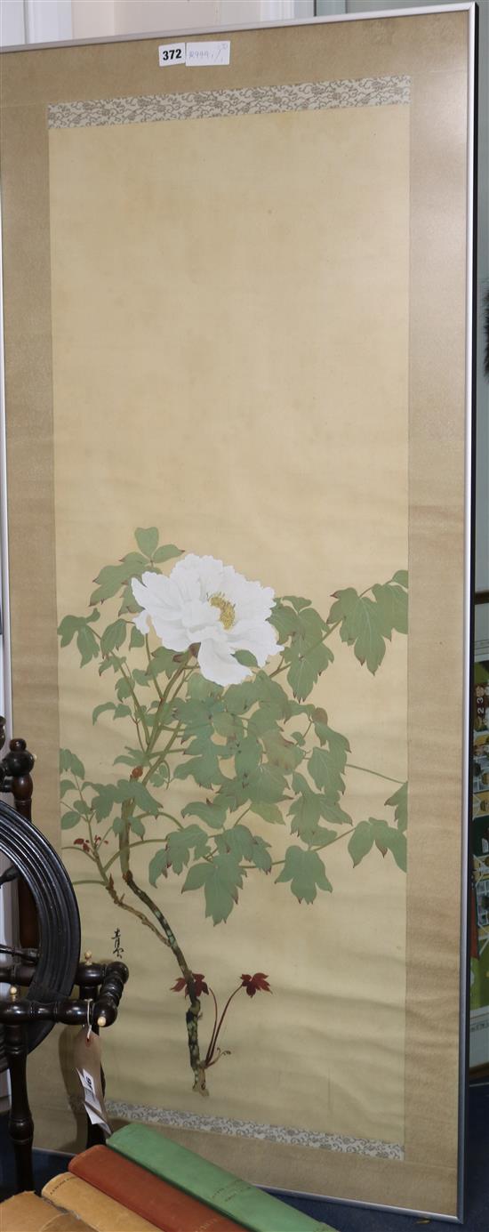 Two Japanese silk prints, an egret and a peony study Largest 114 x 42cm.